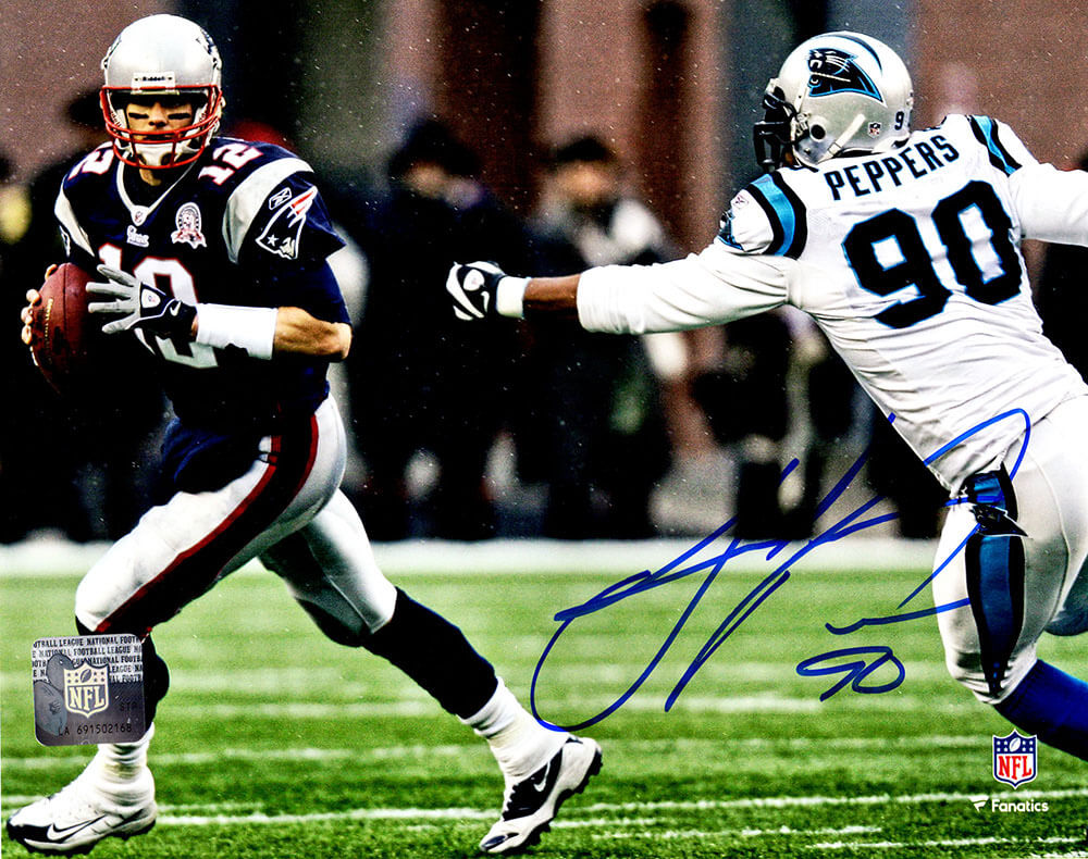 Julius Peppers Signed Carolina Panthers Chasing Tom Brady 8x10 Photo - PEP08P300 - Julius Peppers Signed Carolina Panthers Chasing Tom Brady 8x10 Photo product image