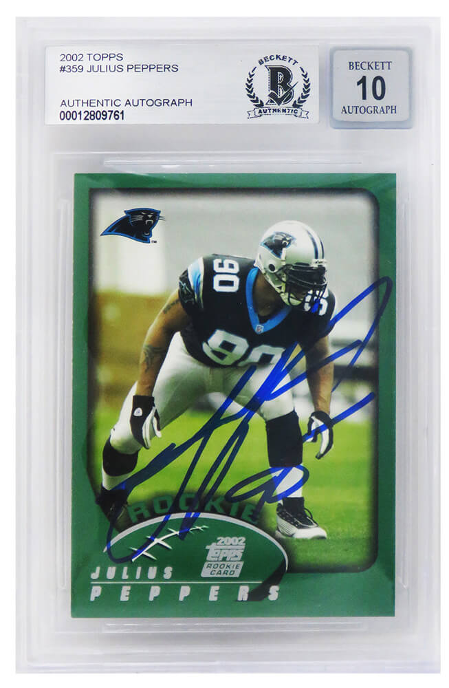 Julius Peppers Signed Carolina Panthers 2002 Topps Football Rookie Card #359 (Beckett Encapsulated/ Auto Grade 10) - PEPCAR301 - Julius Peppers Signed Carolina Panthers 2002 Topps Football Rookie Card #359 (Beckett Encapsulated/ Auto Grade 10) product image