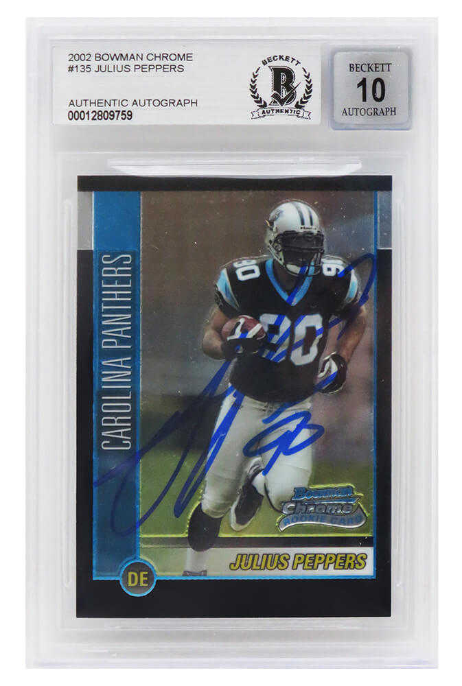 Julius Peppers Signed Carolina Panthers 2002 Bowman Chrome Football Rookie Card #135 (Beckett Encapsulated/ Auto Grade 10) - PEPCAR302 - Julius Peppers Signed Carolina Panthers 2002 Bowman Chrome Football Rookie Card #135 (Beckett Encapsulated/ Auto Grade 10) product image