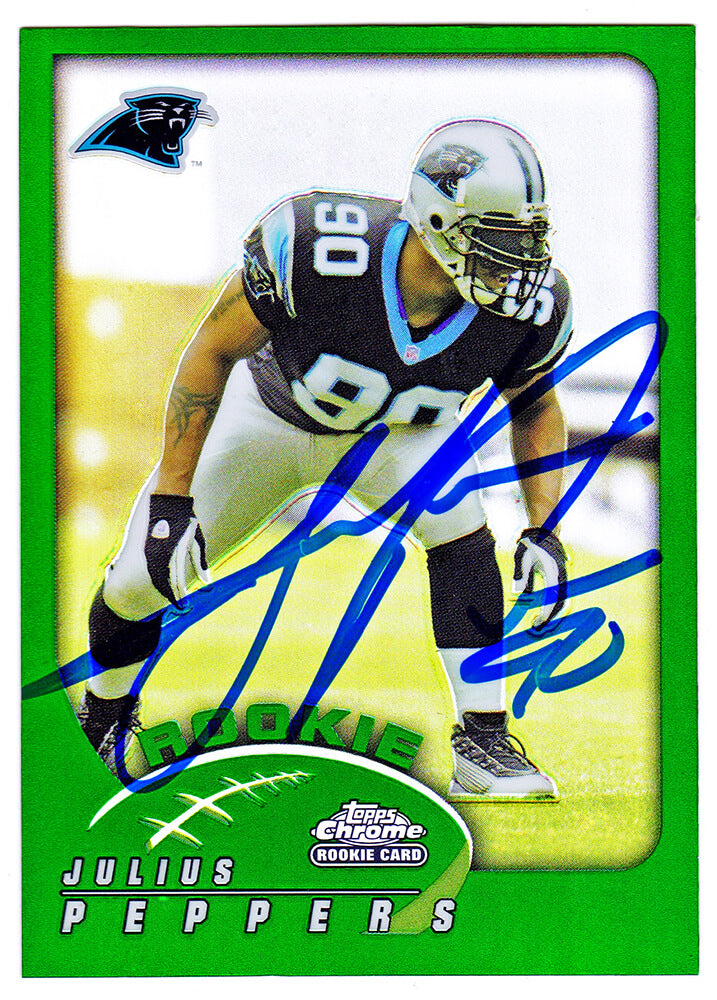 Julius Peppers Signed Carolina Panthers 2002 Topps Chrome Green Refractor Football Rookie Card #214 - PEPCAR306 - Julius Peppers Signed Carolina Panthers 2002 Topps Chrome Green Refractor Football Rookie Card #214 product image
