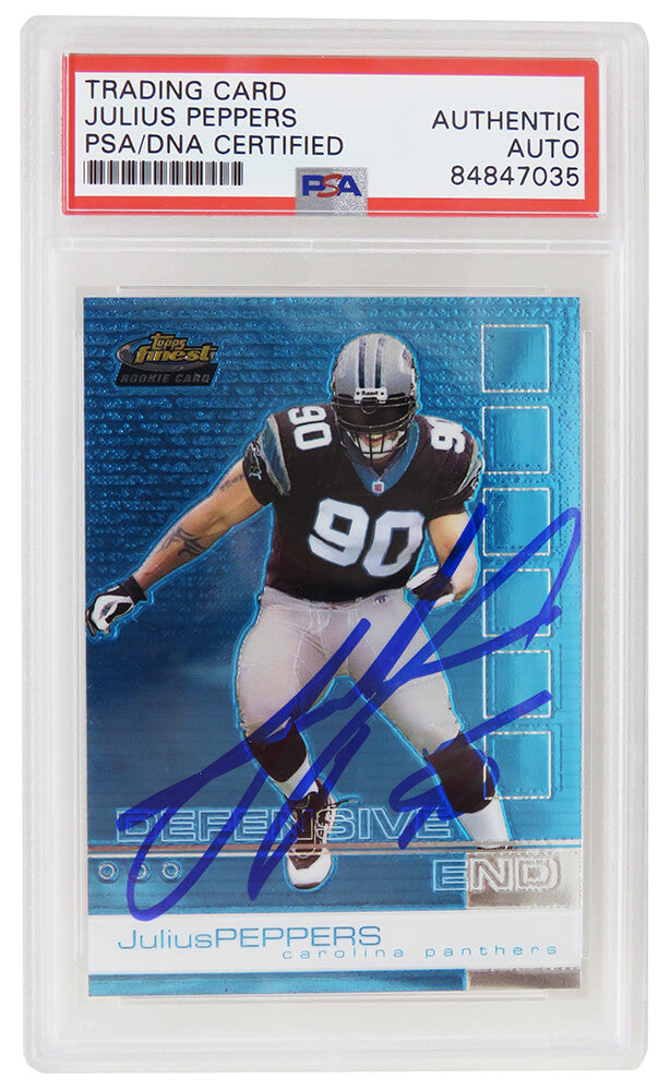 Julius Peppers Signed Carolina Panthers 2002 Topps Finest Football Rookie Card #77 (PSA Encapsulated) - PEPCAR309 - Julius Peppers Signed Carolina Panthers 2002 Topps Finest Football Rookie Card #77 (PSA Encapsulated) product image