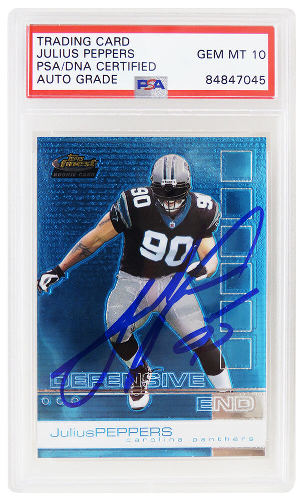 Julius Peppers Signed Carolina Panthers 2002 Topps Finest Football Rookie Card #77 (PSA Encapsulated - Auto Grade 10) - PEPCAR311 - Julius Peppers Signed Carolina Panthers 2002 Topps Finest Football Rookie Card #77 (PSA Encapsulated - Auto Grade 10) product image