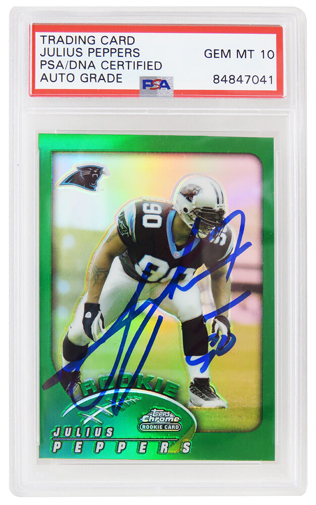 Julius Peppers Signed Carolina Panthers 2002 Topps Chrome Green Refractor Football Rookie Card #214 (PSA Encapsulated - Auto Grade 10) - PEPCAR312 - Julius Peppers Signed Carolina Panthers 2002 Topps Chrome Green Refractor Football Rookie Card #214 (PSA Encapsulated - Auto Grade 10) product image