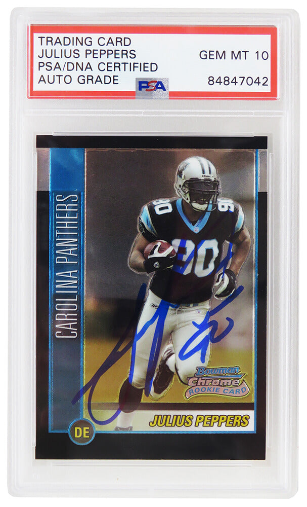 Julius Peppers Signed Carolina Panthers 2002 Bowman Chrome Football Rookie Card #135 (PSA Encapsulated - Auto Grade 10) - PEPCAR313 - Julius Peppers Signed Carolina Panthers 2002 Bowman Chrome Football Rookie Card #135 (PSA Encapsulated - Auto Grade 10) product image