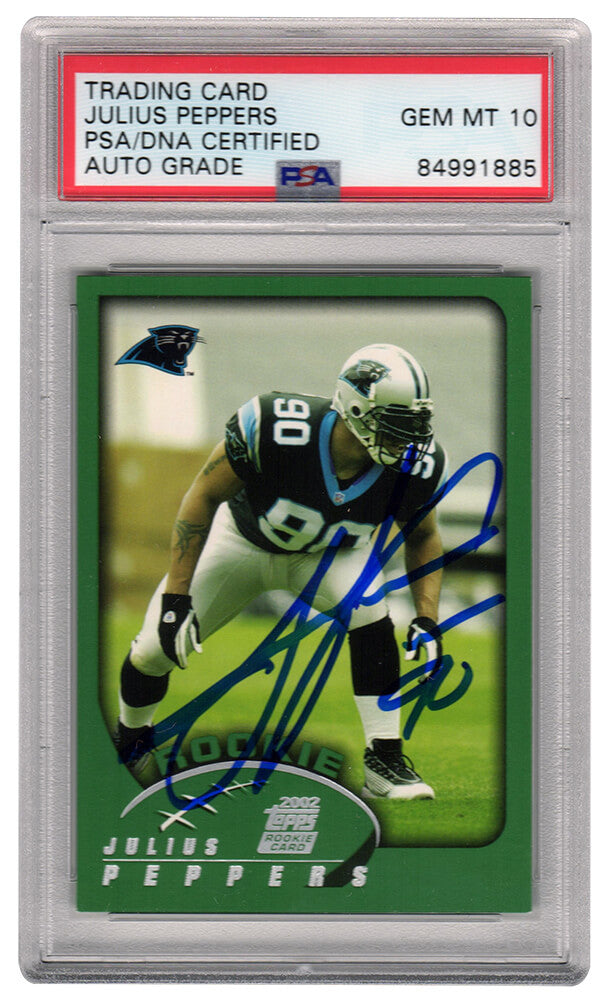 Julius Peppers Signed Carolina Panthers 2002 Topps Football Rookie Card #359 - (PSA Encapsulated - Auto Grade 10) - PEPCAR317 - Julius Peppers Signed Carolina Panthers 2002 Topps Football Rookie Card #359 - (PSA Encapsulated - Auto Grade 10) product image