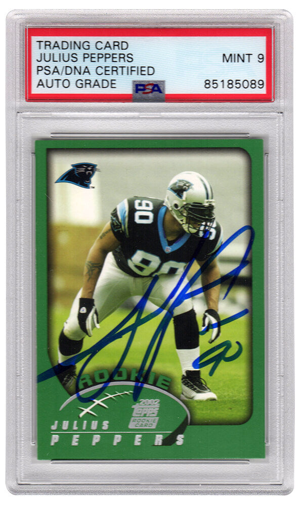 Julius Peppers Signed Carolina Panthers 2002 Topps Football Rookie Card #359 - (PSA Encapsulated / Auto Grade 9) - PEPCAR318 - Julius Peppers Signed Carolina Panthers 2002 Topps Football Rookie Card #359 - (PSA Encapsulated / Auto Grade 9) product image