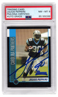 Julius Peppers Signed Carolina Panthers 2002 Bowman Football Rookie Card #144 (PSA Encapsulated - Auto Grade 8) - PEPCAR319 - Julius Peppers Signed Carolina Panthers 2002 Bowman Football Rookie Card #144 (PSA Encapsulated - Auto Grade 8) product image