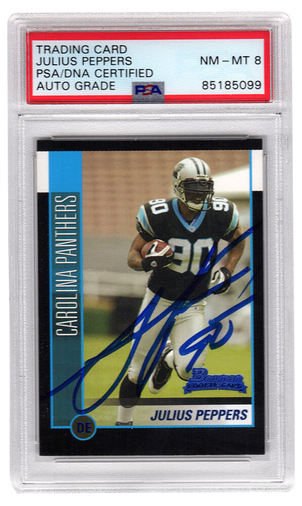 Julius Peppers Signed Carolina Panthers 2002 Bowman Football Rookie Card #144 (PSA Encapsulated - Auto Grade 8) - PEPCAR319 - Julius Peppers Signed Carolina Panthers 2002 Bowman Football Rookie Card #144 (PSA Encapsulated - Auto Grade 8) product image