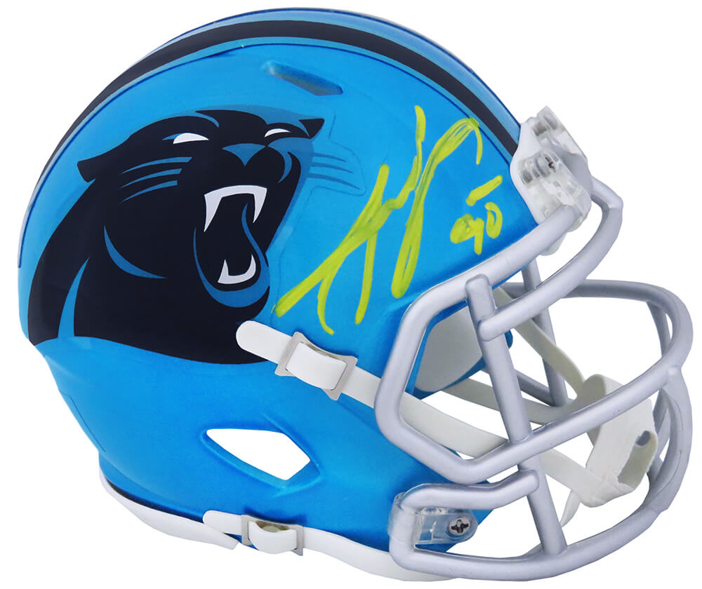 Julius Peppers Signed Carolina Panthers FLASH Riddell Speed Mini Helmet (Yellow Ink) - PEPMIN310 - Julius Peppers Signed Carolina Panthers FLASH Riddell Speed Mini Helmet (Yellow Ink) product image