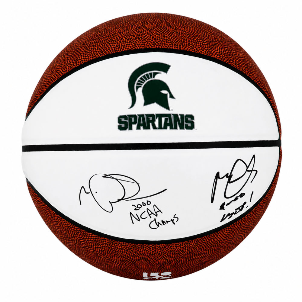 Mateen Cleaves & Morris Peterson Dual Signed Michigan State Logo Brands White Logo Basketball w/2000 Champs. Final 4 MOP - PETBSK210 - Mateen Cleaves & Morris Peterson Dual Signed Michigan State Logo Brands White Logo Basketball w/2000 Champs. Final 4 MOP product image