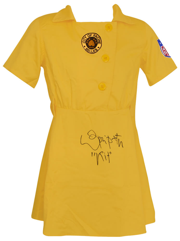 Lori Petty Signed Racine Belles Yellow Costume Women's Baseball Jersey w/Kit - PETJRY500 - Lori Petty Signed Racine Belles Yellow Costume Women's Baseball Jersey w/Kit product image