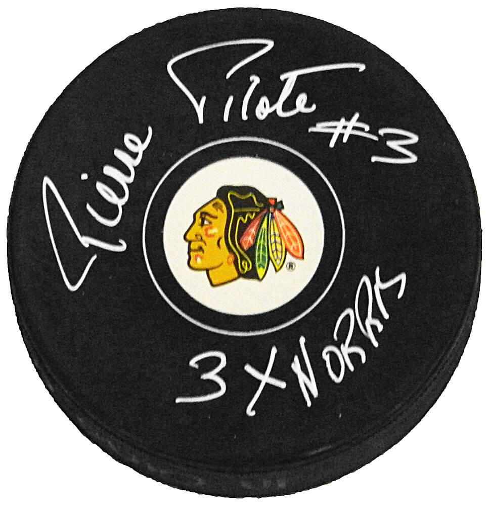 Pierre Pilote Signed Chicago Blackhawks Logo Hockey Puck w/3x Norris - PILPUC401 - Pierre Pilote Signed Chicago Blackhawks Logo Hockey Puck w/3x Norris product image