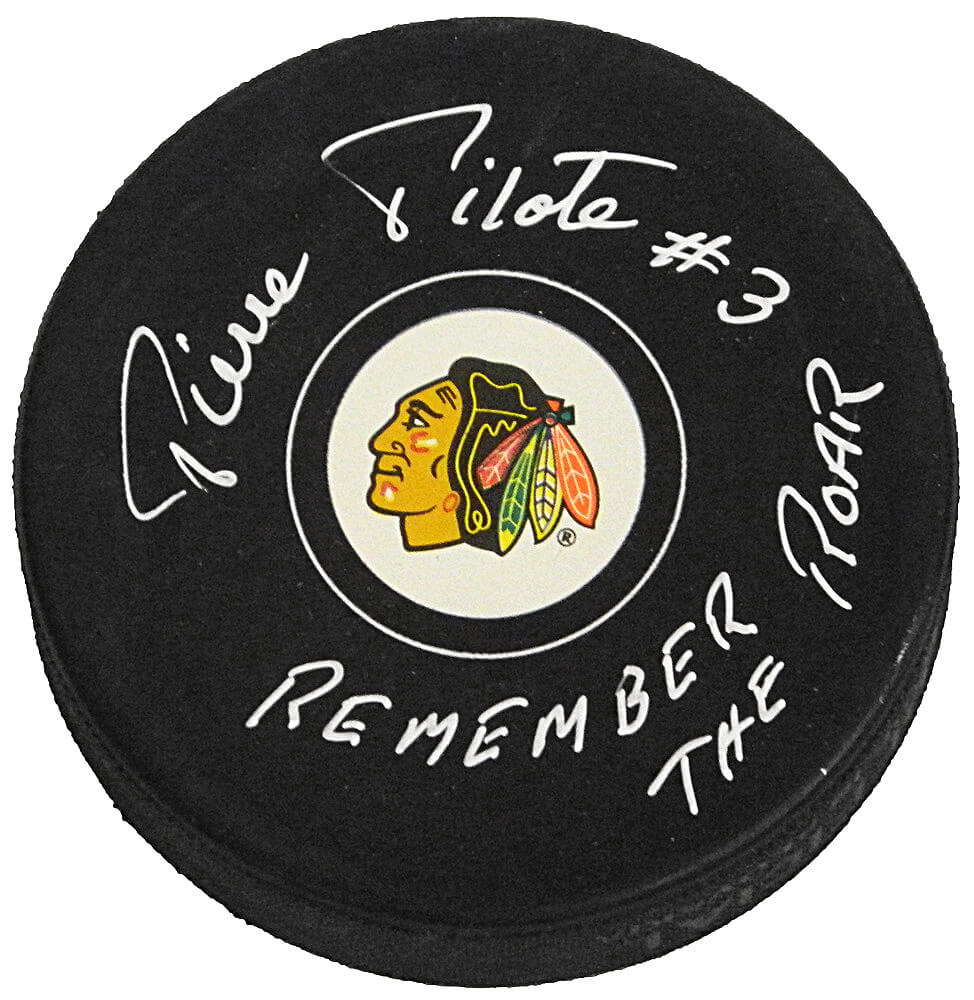 Pierre Pilote Signed Chicago Blackhawks Logo Hockey Puck w/Remember The Roar - PILPUC403 - Pierre Pilote Signed Chicago Blackhawks Logo Hockey Puck w/Remember The Roar product image