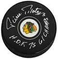 Pierre Pilote Signed Chicago Blackhawks Logo Hockey Puck w/HOF 75, 61 Champs - PILPUC404 - Pierre Pilote Signed Chicago Blackhawks Logo Hockey Puck w/HOF 75, 61 Champs product image
