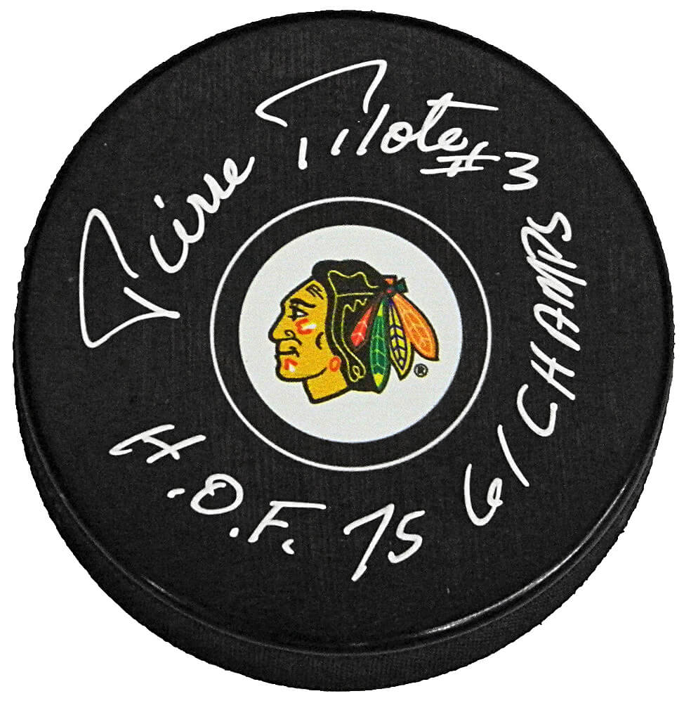 Pierre Pilote Signed Chicago Blackhawks Logo Hockey Puck w/HOF 75, 61 Champs - PILPUC404 - Pierre Pilote Signed Chicago Blackhawks Logo Hockey Puck w/HOF 75, 61 Champs product image