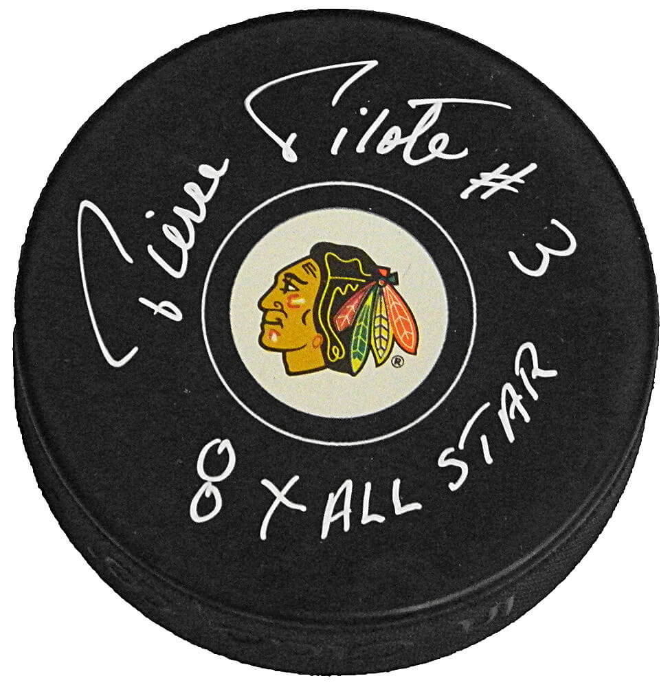 Pierre Pilote Signed Chicago Blackhawks Logo Hockey Puck w/8x All Star - PILPUC405 - Pierre Pilote Signed Chicago Blackhawks Logo Hockey Puck w/8x All Star product image