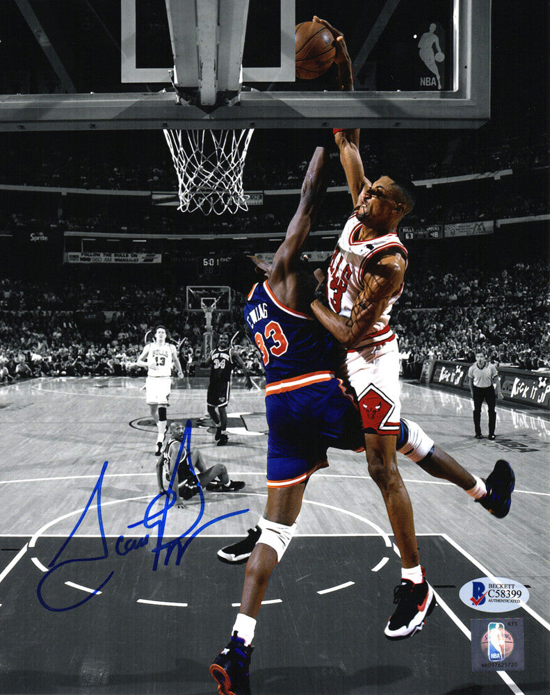 Scottie Pippen Signed Chicago Bulls Dunking Over Patrick Ewing Spotlight 8x10 Photo (Beckett) - PIP08P204 - Scottie Pippen Signed Chicago Bulls Dunking Over Patrick Ewing Spotlight 8x10 Photo (Beckett) product image