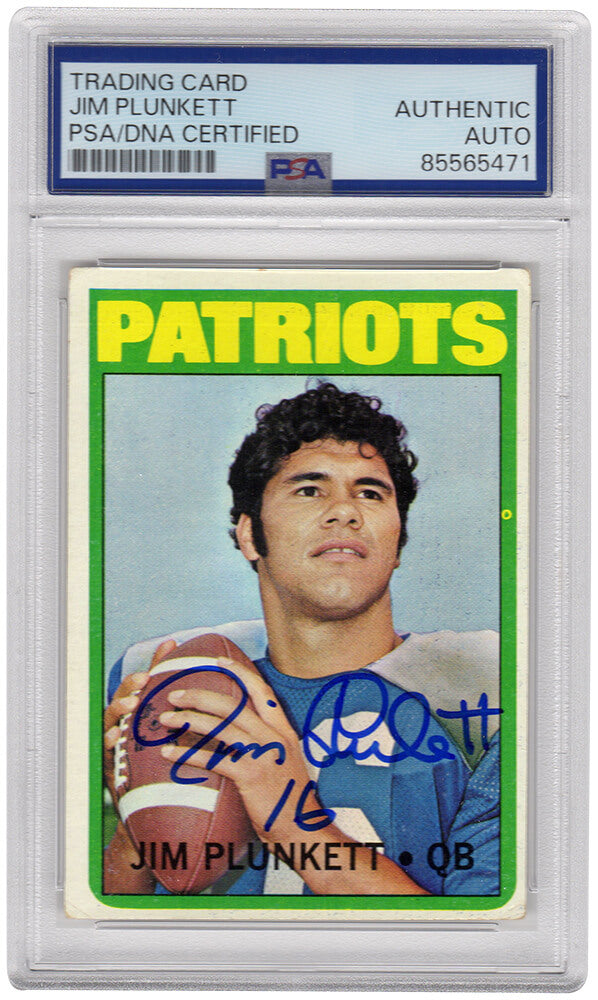 Jim Plunkett Signed Patriots 1972 Topps Rookie Football Card #65 - (PSA Encapsulated) - PLUCAR306 - Jim Plunkett Signed Patriots 1972 Topps Rookie Football Card #65 - (PSA Encapsulated) product image