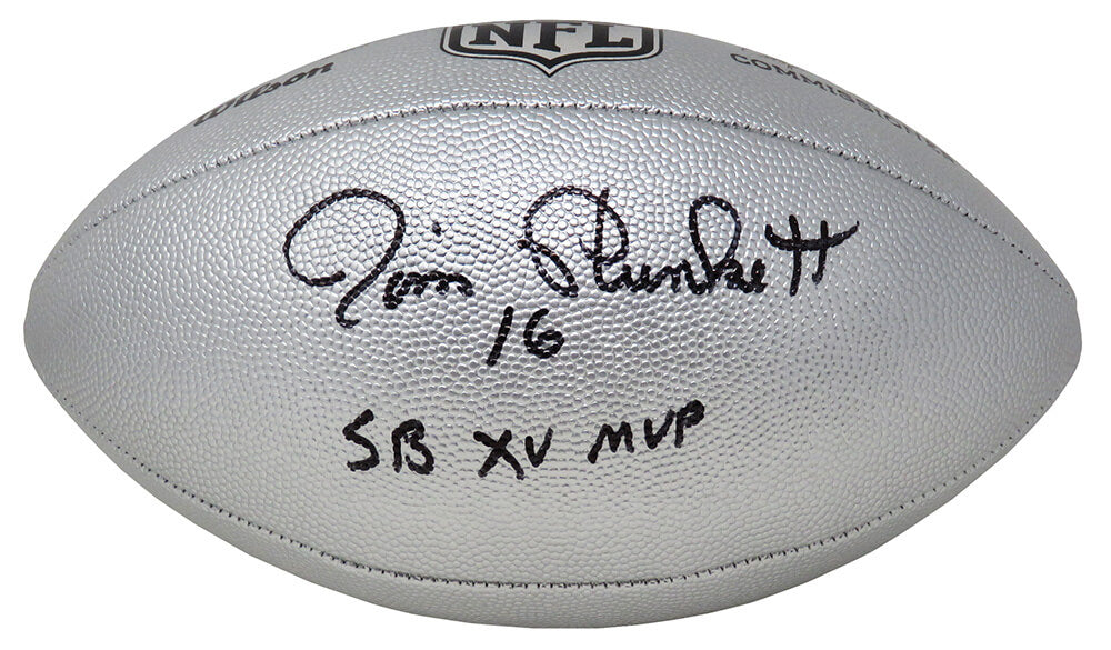 Jim Plunkett Signed Wilson Duke Silver Metallic NFL Full Size Replica Football w/SB XV MVP - PLUFTB304 - Jim Plunkett Signed Wilson Duke Silver Metallic NFL Full Size Replica Football w/SB XV MVP product image