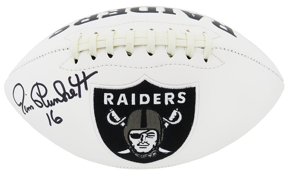 Jim Plunkett Signed Raiders Jarden White Panel Logo Full Size Football - PLUFTB306 - Jim Plunkett Signed Raiders Jarden White Panel Logo Full Size Football product image