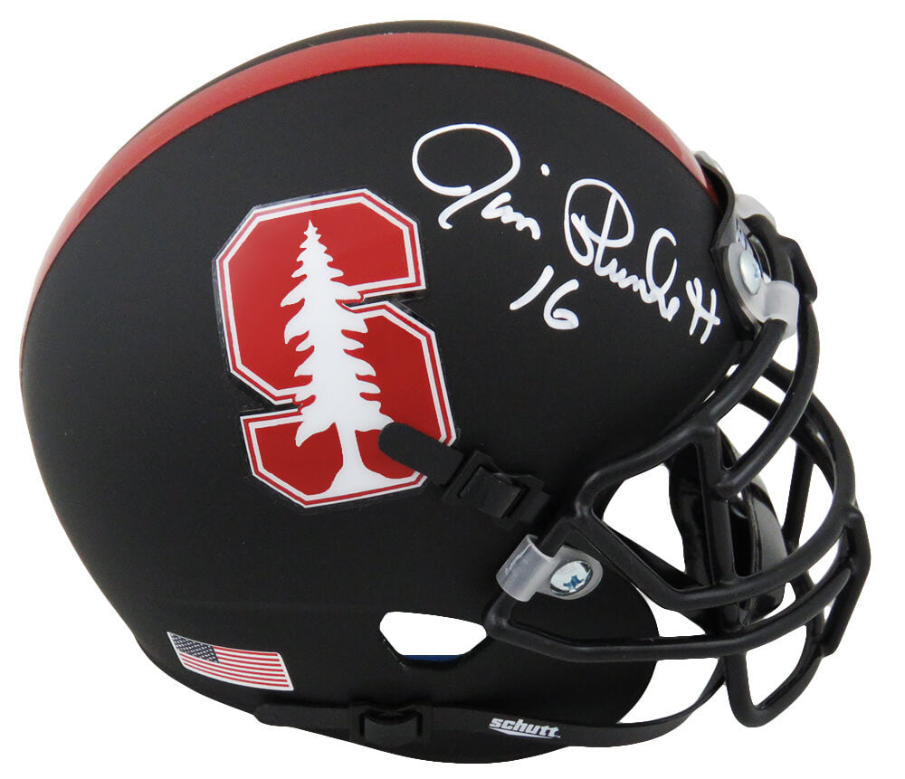 Jim Plunkett Signed Stanford Cardinals Tree Logo Black Schutt Mini Helmet - PLUMIN308 - Jim Plunkett Signed Stanford Cardinals Tree Logo Black Schutt Mini Helmet product image