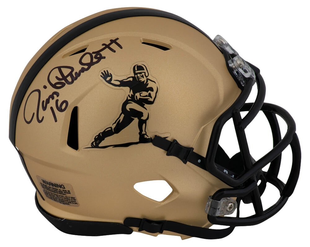 Jim Plunkett Signed Heisman Trophy Logo Gold Riddell Speed Mini Helmet - PLUMIN314 - Jim Plunkett Signed Heisman Trophy Logo Gold Riddell Speed Mini Helmet product image