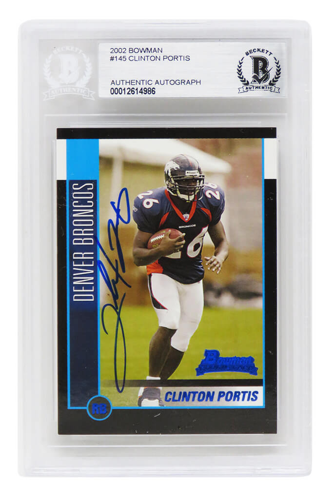 Clinton Portis Signed Denver Broncos 2002 Bowman Rookie Card #145 - (Beckett Encapsulated) - PORCAR300 - Clinton Portis Signed Denver Broncos 2002 Bowman Rookie Card #145 - (Beckett Encapsulated) product image