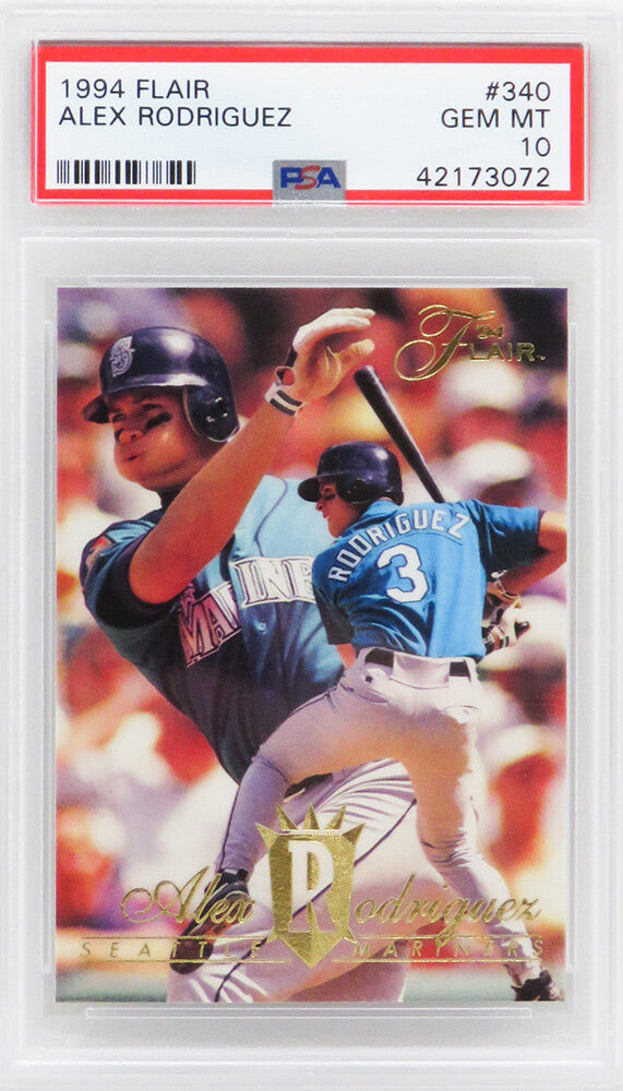 Alex Rodriguez (Seattle Mariners) 1994 Flair Baseball #340 RC Rookie Card - PSA 10 GEM MINT (New Label) - PS1AR94F2 - Alex Rodriguez (Seattle Mariners) 1994 Flair Baseball #340 RC Rookie Card - PSA 10 GEM MINT (New Label) product image
