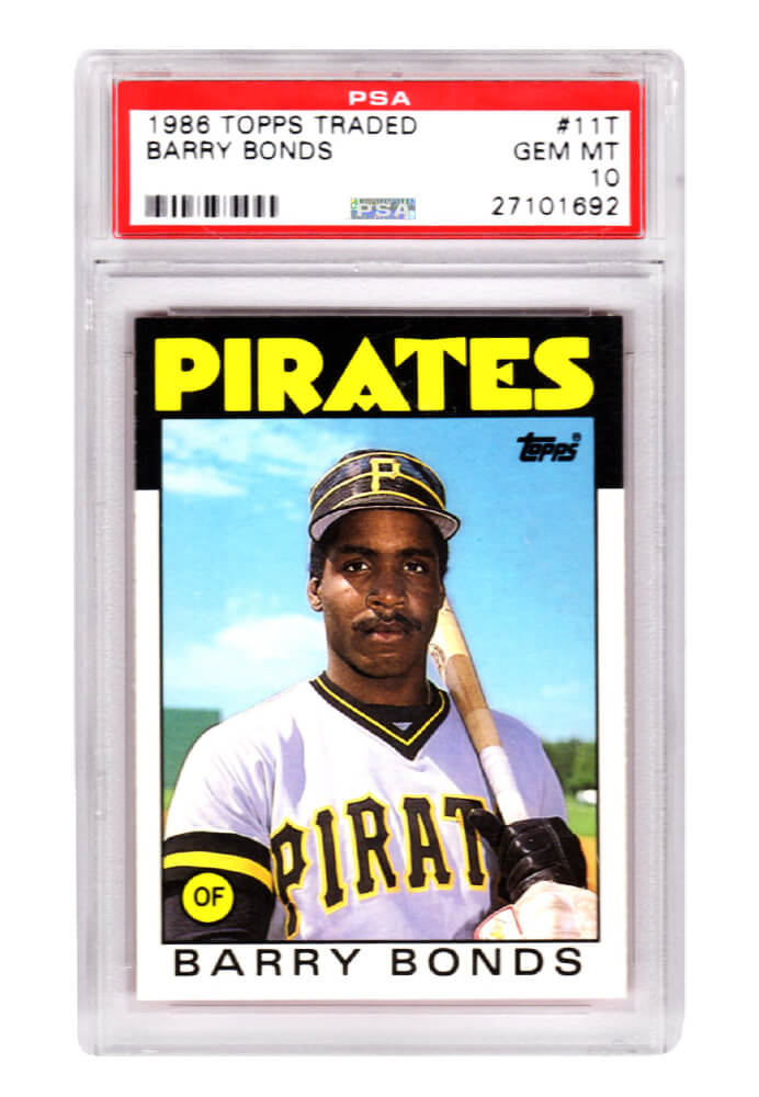 Barry Bonds (Pittsburgh Pirates) 1986 Topps Traded Baseball #11T RC Rookie Card - PSA 10 GEM MINT (Silver Label) - PS1BB86T3 - Barry Bonds (Pittsburgh Pirates) 1986 Topps Traded Baseball #11T RC Rookie Card - PSA 10 GEM MINT (Silver Label) product image