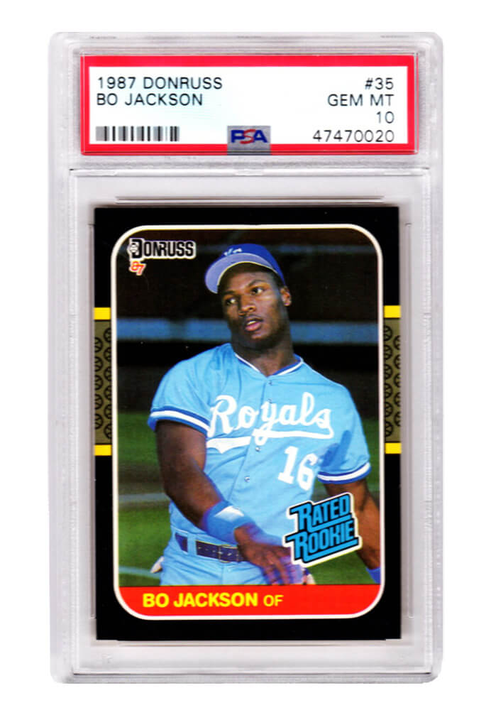 Bo Jackson (Kansas City Royals) 1987 Donruss Baseball #35 RC Rated Rookie Card - PSA 10 GEM MINT (New Label) - PS1BJ87D2 - Bo Jackson (Kansas City Royals) 1987 Donruss Baseball #35 RC Rated Rookie Card - PSA 10 GEM MINT (New Label) product image