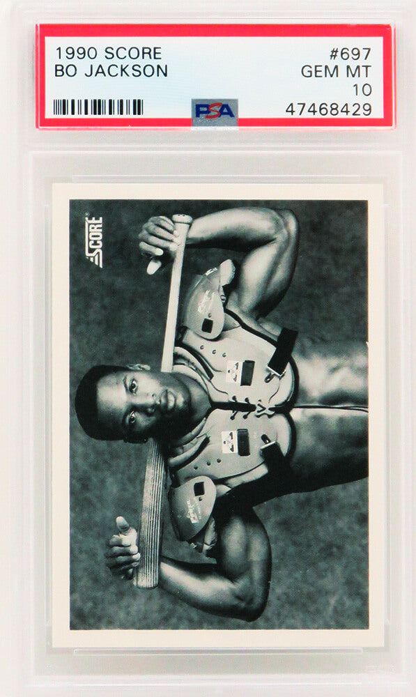 Bo Jackson 1990 Score Baseball #697 B&W Bat On Shoulder Pads Card - PSA 10 GEM MINT - PS1BJ90S1 - Bo Jackson 1990 Score Baseball #697 B&W Bat On Shoulder Pads Card - PSA 10 GEM MINT product image