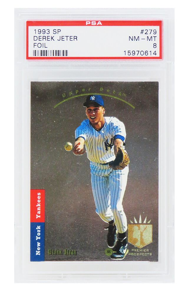 Derek Jeter (New York Yankees) 1993 SP Foil Baseball RC Rookie Card #279 - PSA 8 NM-MT (B) - PS1DJ93FB - Derek Jeter (New York Yankees) 1993 SP Foil Baseball RC Rookie Card #279 - PSA 8 NM-MT (B) product image