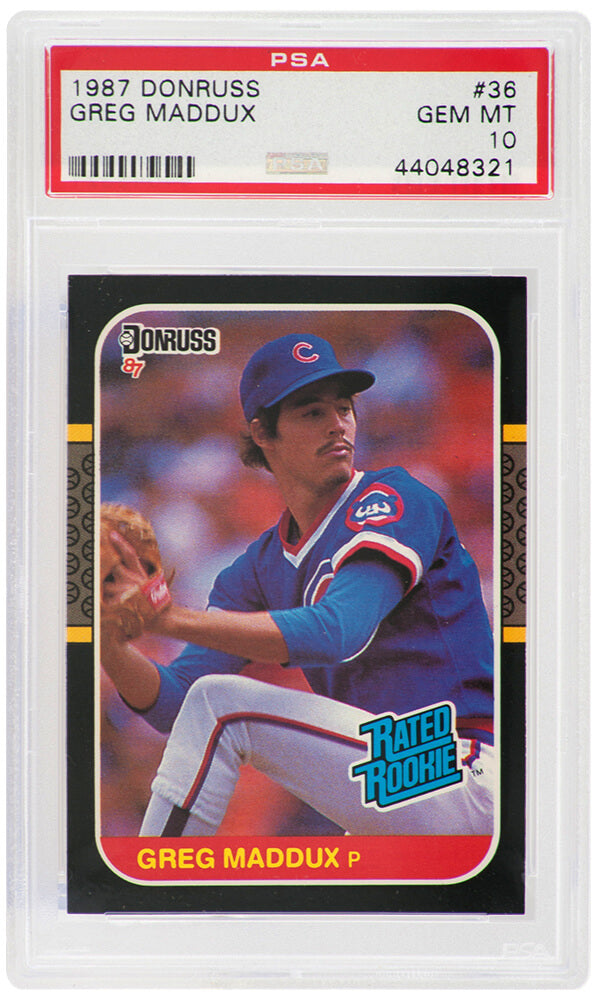 Greg Maddux (Chicago Cubs) 1987 Donruss Baseball #36 RC Rated Rookie Card - PSA 10 GEM MINT (Silver Label) - PS1GM87D2 - Greg Maddux (Chicago Cubs) 1987 Donruss Baseball #36 RC Rated Rookie Card - PSA 10 GEM MINT (Silver Label) product image