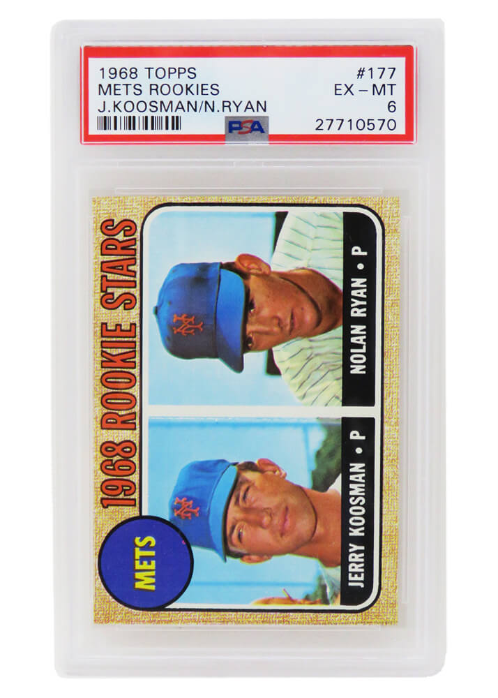 Nolan Ryan / Jerry Koosman (New York Mets) 1968 Topps Baseball #177 RC Rookie Card - PSA 6 (D) - PS1NR68TD - Nolan Ryan / Jerry Koosman (New York Mets) 1968 Topps Baseball #177 RC Rookie Card - PSA 6 (D) product image
