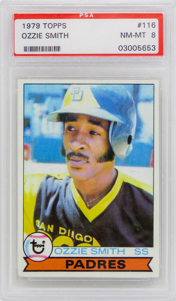 Ozzie Smith (San Diego Padres) 1979 Topps Baseball RC Rookie Card #116 - PSA 8 NM-MT (D) - PS1OS79TD - Ozzie Smith (San Diego Padres) 1979 Topps Baseball RC Rookie Card #116 - PSA 8 NM-MT (D) product image