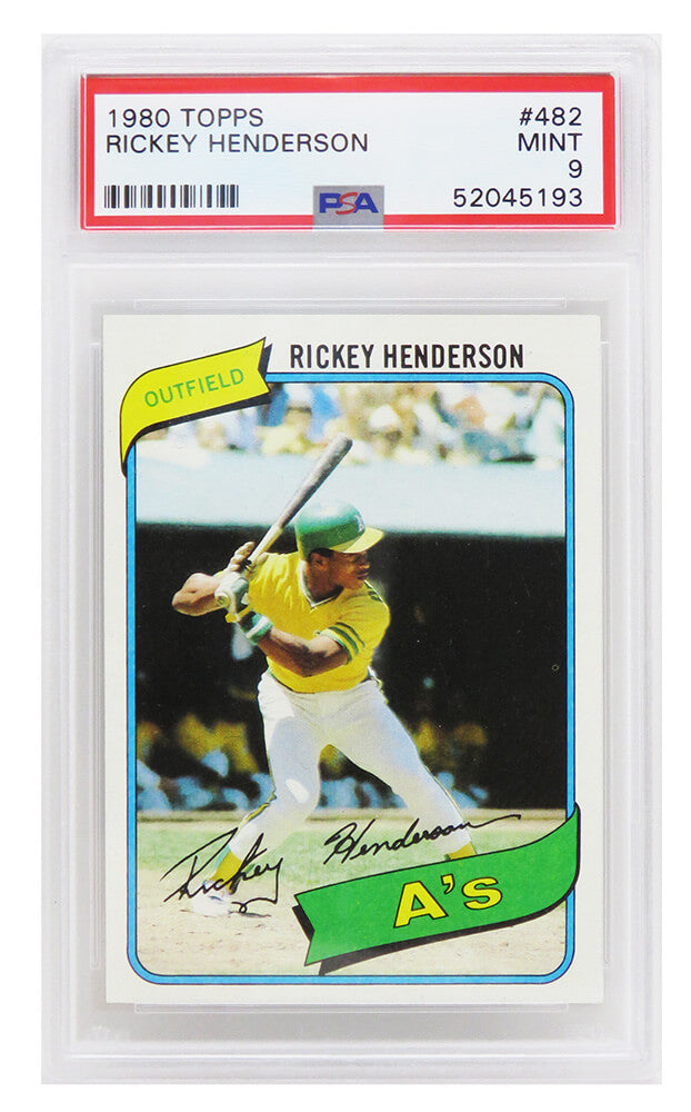 Rickey Henderson (Oakland A's) 1980 Topps Baseball #482 RC Rookie Card - PSA 9 MINT (A) - PS1RH80TA - Rickey Henderson (Oakland A's) 1980 Topps Baseball #482 RC Rookie Card - PSA 9 MINT (A) product image