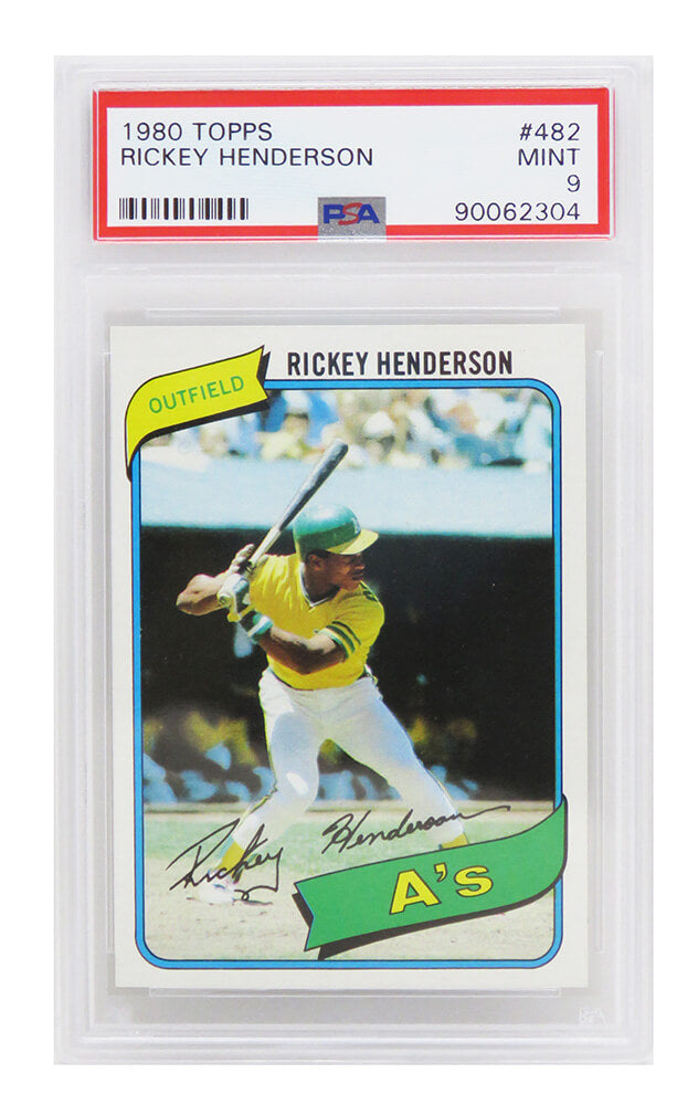 Rickey Henderson (Oakland A's) 1980 Topps Baseball #482 RC Rookie Card - PSA 9 MINT (B) - PS1RH80TB - Rickey Henderson (Oakland A's) 1980 Topps Baseball #482 RC Rookie Card - PSA 9 MINT (B) product image