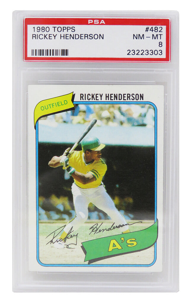 Rickey Henderson (Oakland A's) 1980 Topps Baseball #482 RC Rookie Card - PSA 8 NM-MT (F) - PS1RH80TF - Rickey Henderson (Oakland A's) 1980 Topps Baseball #482 RC Rookie Card - PSA 8 NM-MT (F) product image