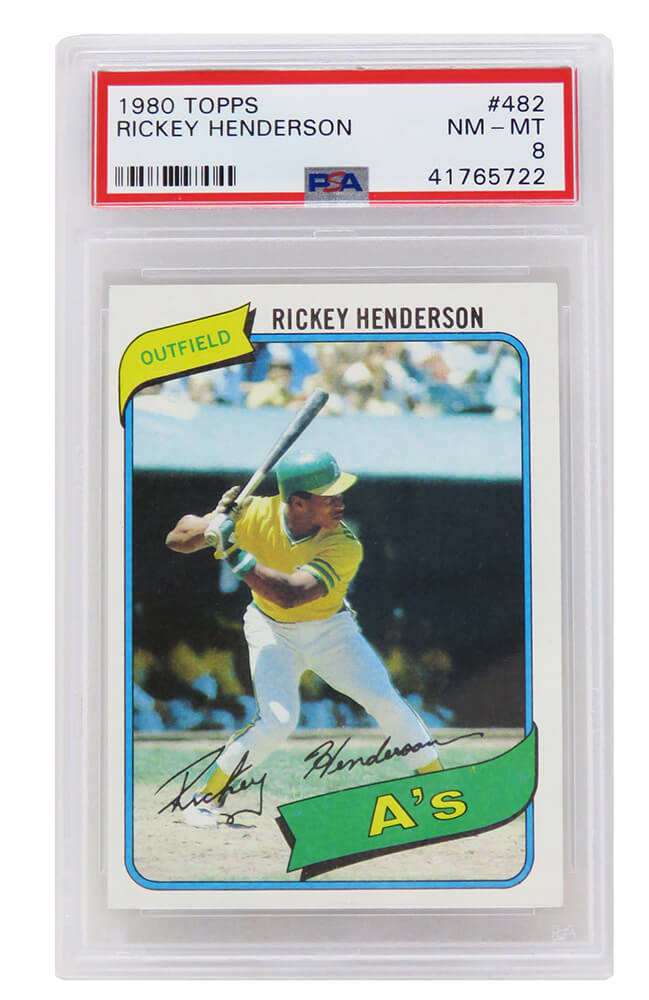Rickey Henderson (Oakland A's) 1980 Topps Baseball #482 RC Rookie Card - PSA 8 NM-MT (G) - PS1RH80TG - Rickey Henderson (Oakland A's) 1980 Topps Baseball #482 RC Rookie Card - PSA 8 NM-MT (G) product image