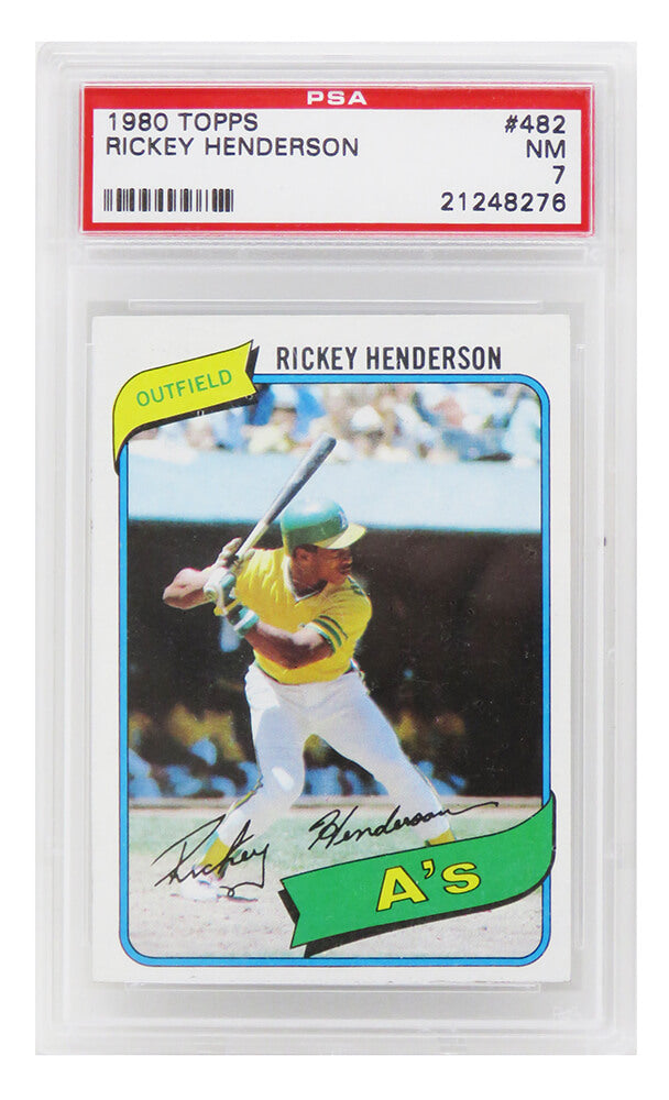 Rickey Henderson (Oakland A's) 1980 Topps Baseball #482 RC Rookie Card - PSA 7 NM (J) - PS1RH80TJ - Rickey Henderson (Oakland A's) 1980 Topps Baseball #482 RC Rookie Card - PSA 7 NM (J) product image