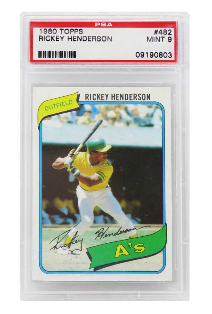 Rickey Henderson (Oakland A's) 1980 Topps Baseball #482 RC Rookie Card - PSA 9 MINT (K) - PS1RH80TK - Rickey Henderson (Oakland A's) 1980 Topps Baseball #482 RC Rookie Card - PSA 9 MINT (K) product image