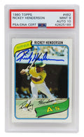Rickey Henderson Signed Oakland A's 1980 Topps Baseball #482 RC Rookie Card - (PSA 9 / Auto Grade 10) - PS1RH80TM - Rickey Henderson Signed Oakland A's 1980 Topps Baseball #482 RC Rookie Card - (PSA 9 / Auto Grade 10) product image