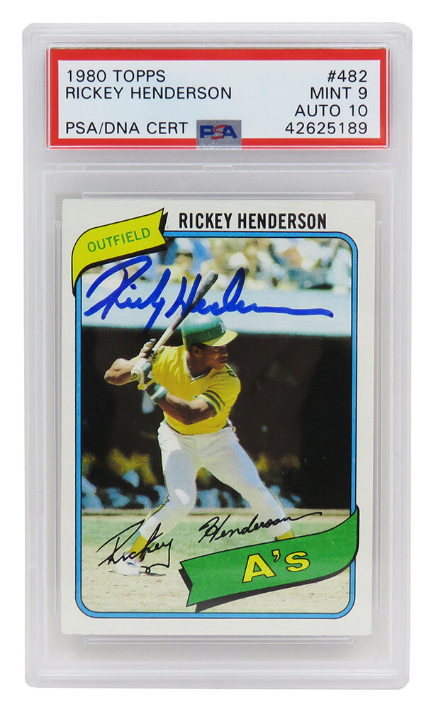 Rickey Henderson Signed Oakland A's 1980 Topps Baseball #482 RC Rookie Card - (PSA 9 / Auto Grade 10) - PS1RH80TM - Rickey Henderson Signed Oakland A's 1980 Topps Baseball #482 RC Rookie Card - (PSA 9 / Auto Grade 10) product image