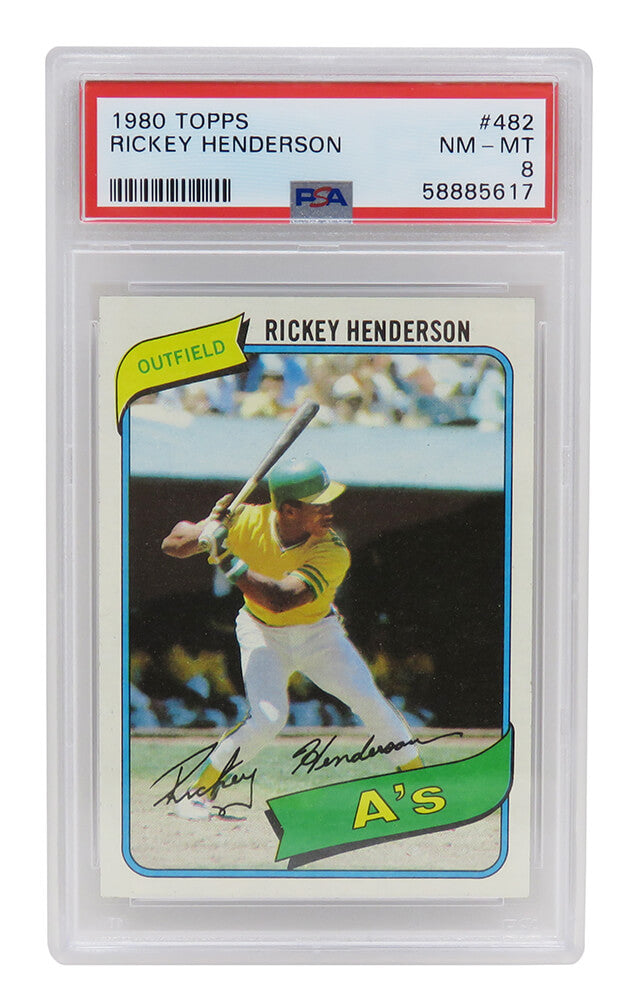 Rickey Henderson (Oakland A's) 1980 Topps Baseball #482 RC Rookie Card - PSA 8 NM-MT (N) - PS1RH80TN - Rickey Henderson (Oakland A's) 1980 Topps Baseball #482 RC Rookie Card - PSA 8 NM-MT (N) product image