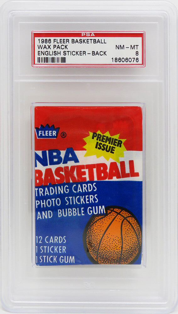 1986 Fleer Basketball Wax Pack - (Encapsulated / Graded PSA 8) (Alex English Sticker On Back) (Michael Jordan RC??) - PS286FES8 - 1986 Fleer Basketball Wax Pack - (Encapsulated / Graded PSA 8) (Alex English Sticker On Back) (Michael Jordan RC??) product image