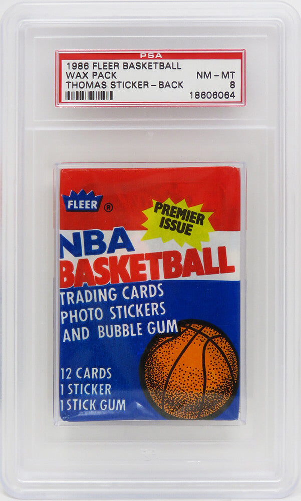 1986 Fleer Basketball Wax Pack - (Encapsulated / Graded PSA 8) (Isiah Thomas RC Sticker On Back) (Michael Jordan RC??) - PS286FTS8 - 1986 Fleer Basketball Wax Pack - (Encapsulated / Graded PSA 8) (Isiah Thomas RC Sticker On Back) (Michael Jordan RC??) product image
