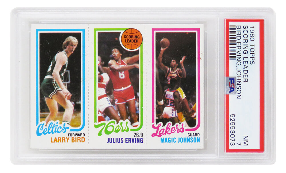 Larry Bird, Magic Johnson & Julius Erving 1980 Topps Scoring Leader RC Card (PSA 7 NM) - PS2BJ80T1 - Larry Bird, Magic Johnson & Julius Erving 1980 Topps Scoring Leader RC Card (PSA 7 NM) product image