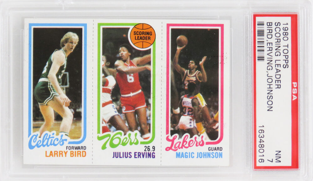 Larry Bird, Magic Johnson & Julius Erving 1980 Topps Scoring Leader RC Card (PSA 7 NM)(B) - PS2BJ80T2 - Larry Bird, Magic Johnson & Julius Erving 1980 Topps Scoring Leader RC Card (PSA 7 NM)(B) product image