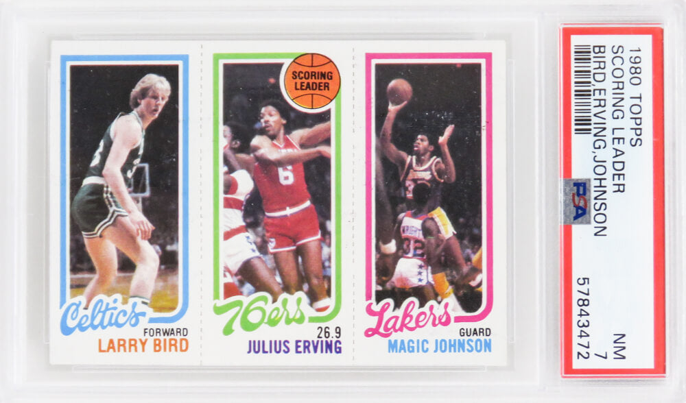Larry Bird, Magic Johnson & Julius Erving 1980 Topps Scoring Leader RC Card (PSA 7 NM)(New Label)(C) - PS2BJ80T3 - Larry Bird, Magic Johnson & Julius Erving 1980 Topps Scoring Leader RC Card (PSA 7 NM)(New Label)(C) product image
