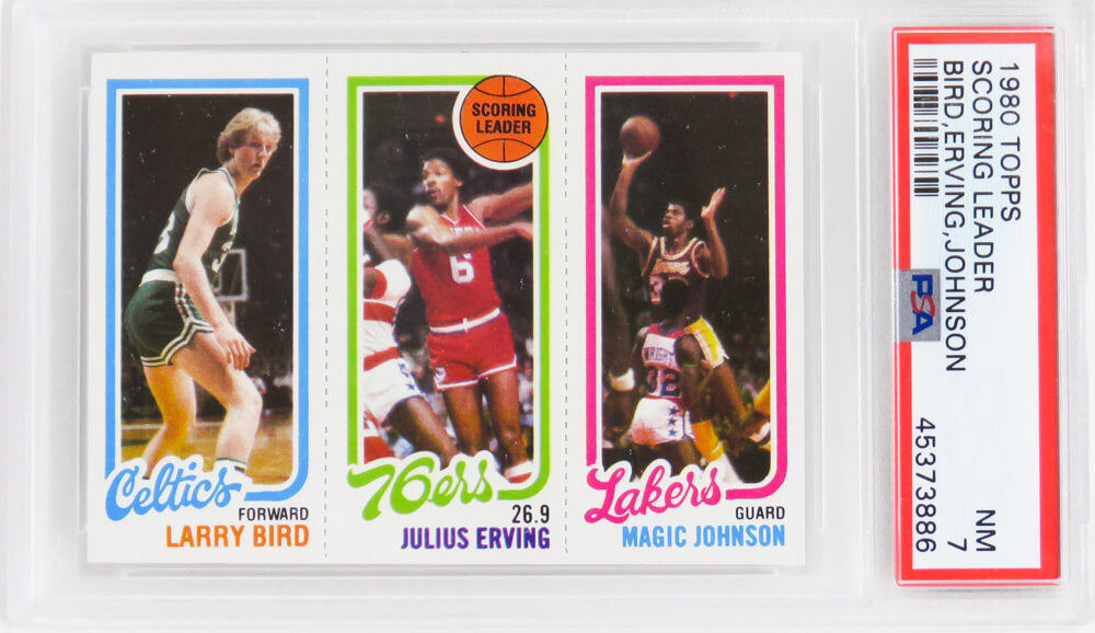 Larry Bird, Magic Johnson & Julius Erving 1980 Topps Scoring Leader RC Card (PSA 7 NM)(PWCC Top 30% Eye Appeal)(D) - PS2BJ80T4 - Larry Bird, Magic Johnson & Julius Erving 1980 Topps Scoring Leader RC Card (PSA 7 NM)(PWCC Top 30% Eye Appeal)(D) product image